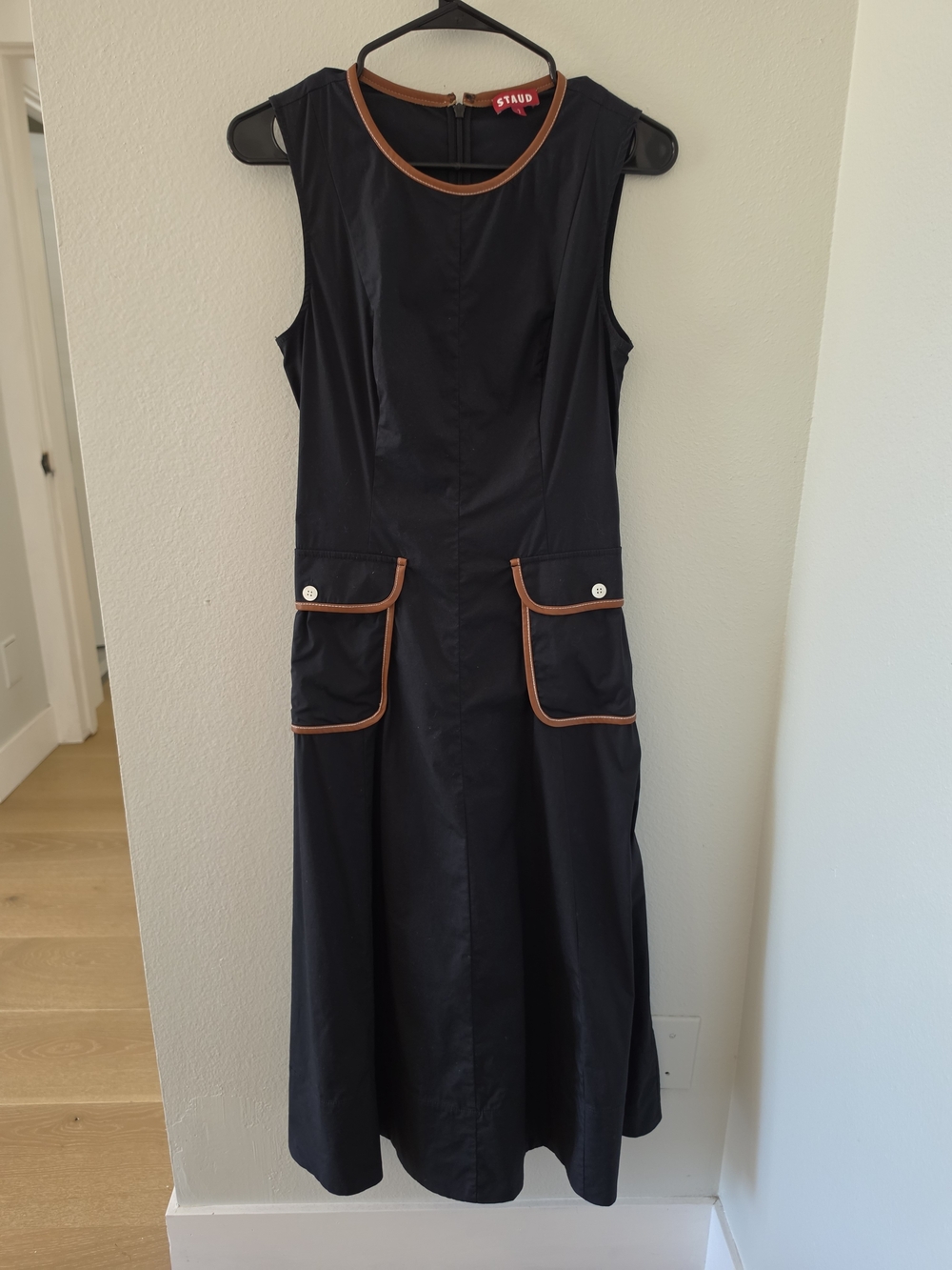 STAUD Black Bait Midi Dress with Tan Contrast Size 2